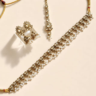 Raya White Polki Mini Jhumka Necklace Set with Tikka