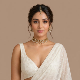 Raya White Polki Mini Jhumka Necklace Set with Tikka
