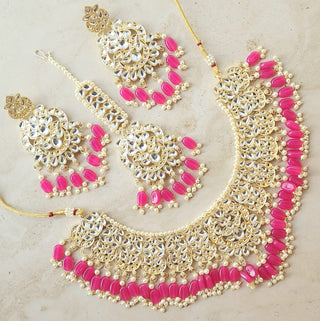 Rebecca Pink Kundan Necklace Set with Tikka