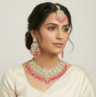 Rebecca Pink Kundan Necklace Set with Tikka