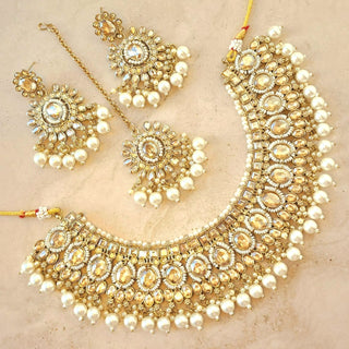 Reina White Polki Necklace Set with Tikka