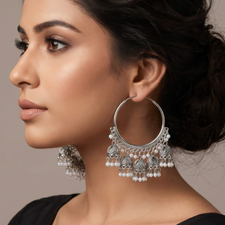 Rheya White German Silver Bali Jhumki Earrings