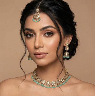 Rochelle Mint Green Choker Necklace Set with Tikka