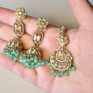 Rochelle Mint Green Choker Necklace Set with Tikka