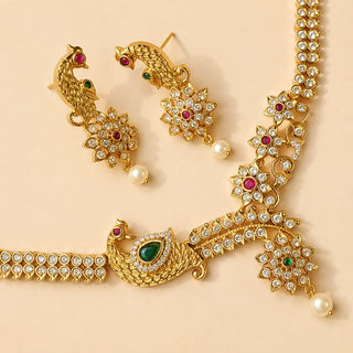Roxy Multicolour Peacock CZ Diamond Simulant Kemp Necklace Set