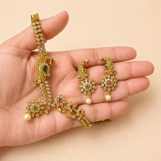 Roxy Multicolour Peacock CZ Diamond Simulant Kemp Necklace Set