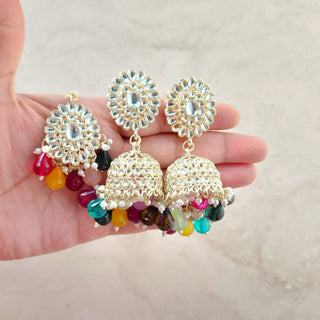 Saige Multicolour Baahubali Mirror Jhumki Tikka Set (detachable hair chain)