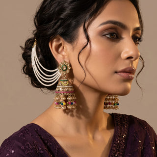 Sasha Multicolour Jhumka Baahubali Polki Earrings (with Detachable Hair Chains)