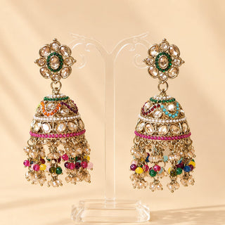 Sasha Multicolour Jhumka Baahubali Polki Earrings (with Detachable Hair Chains)