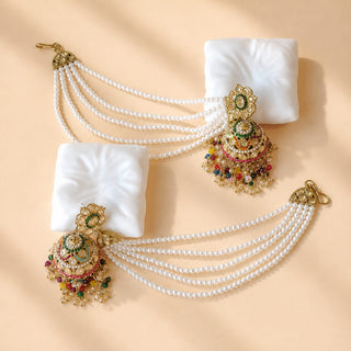 Sasha Multicolour Jhumka Baahubali Polki Earrings (with Detachable Hair Chains)