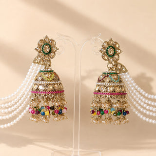 Sasha Multicolour Jhumka Baahubali Polki Earrings (with Detachable Hair Chains)