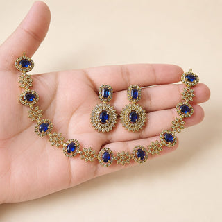 Selena Blue CZ Diamond Simulant Victorian Gold Necklace Set
