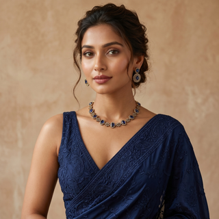 Selena Blue CZ Diamond Simulant Victorian Gold Necklace Set
