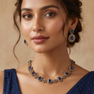 Selena Blue CZ Diamond Simulant Victorian Gold Necklace Set