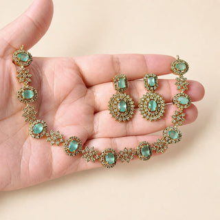 Selena Mint Green CZ Diamond Simulant Victorian Gold Necklace Set