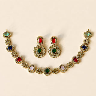 Selena Multicolour CZ Diamond Simulant Victorian Gold Necklace Set