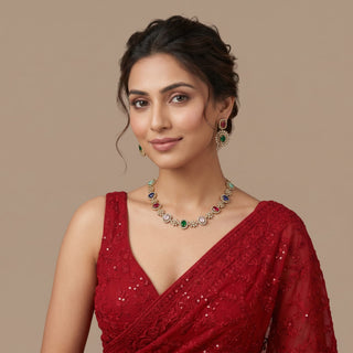 Selena Multicolour CZ Diamond Simulant Victorian Gold Necklace Set