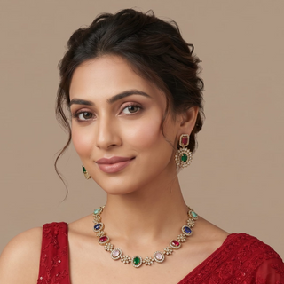 Selena Multicolour CZ Diamond Simulant Victorian Gold Necklace Set