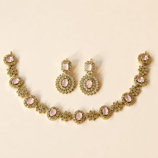 Selena Pink CZ Diamond Simulant Victorian Gold Necklace Set