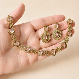 Selena Pink CZ Diamond Simulant Victorian Gold Necklace Set