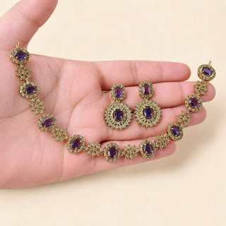 Selena Purple CZ Diamond Simulant Victorian Gold Necklace Set