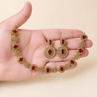 Selena Red CZ Diamond Simulant Victorian Gold Necklace Set