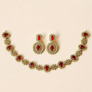 Selena Red CZ Diamond Simulant Victorian Gold Necklace Set