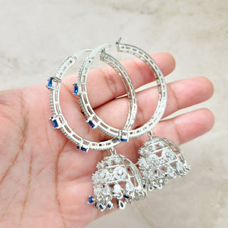 Shraddha Blue American Diamond Bali Jhumki Tikka Set with Ring