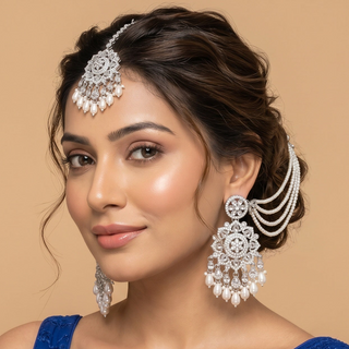 Elsa Silver Baahubali Polki Tikka Set (with Detachable Hair Chain)