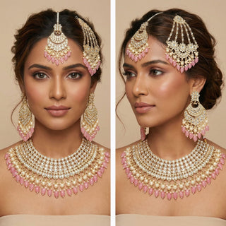 Skyla Pink Kundan Necklace Set with Tikka and Passa