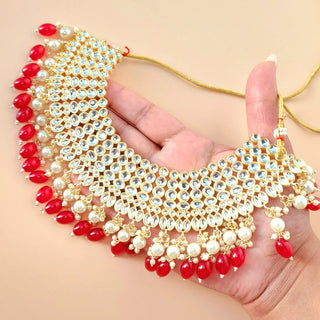 Skyla Red Kundan Necklace Set with Tikka and Passa