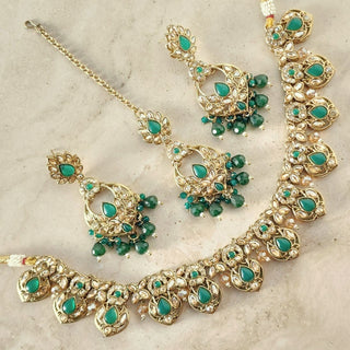 Sloane Green Polki Necklace Set with Tikka