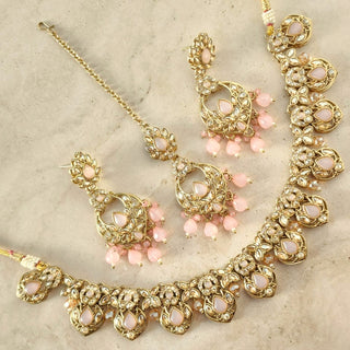 Sloane Light Pink Polki Necklace Set with Tikka