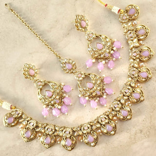 Sloane Light Purple Polki Necklace Set with Tikka