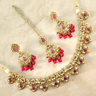 Sloane Red Polki Necklace Set with Tikka