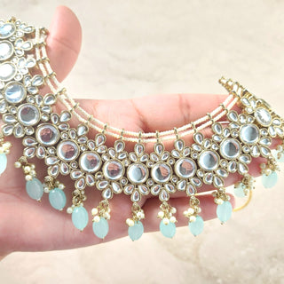 Soleil Pastel Blue Kundan Necklace Set with Tikka and Passa