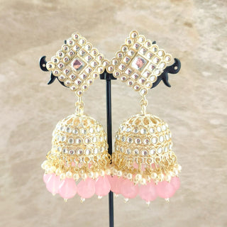 Sophia Light Pink Baahubali Kundan Jhumka Earrings (detachable hair chain)