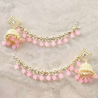 Sophia Light Pink Baahubali Kundan Jhumka Earrings (detachable hair chain)