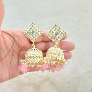 Sophia Light Pink Baahubali Kundan Jhumka Earrings (detachable hair chain)