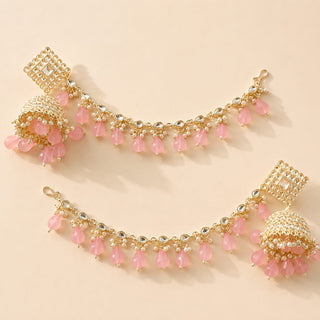 Sophia Light Pink Baahubali Kundan Jhumka Earrings (detachable hair chain)