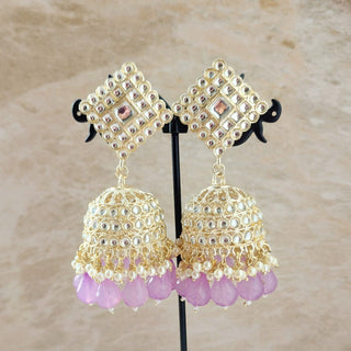 Sophia Light Purple Baahubali Kundan Jhumka Earrings (detachable hair chain)