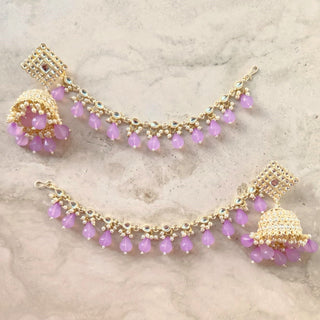 Sophia Light Purple Baahubali Kundan Jhumka Earrings (detachable hair chain)