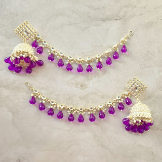 Sophia Purple Baahubali Kundan Jhumka Earrings (detachable hair chain)