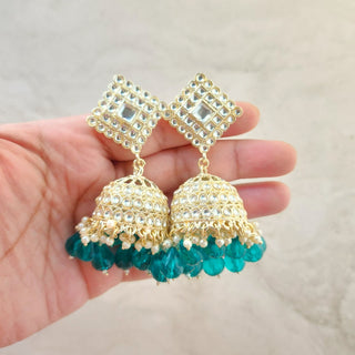 Sophia Teal Blue Baahubali Kundan Jhumka Earrings (detachable hair chain)