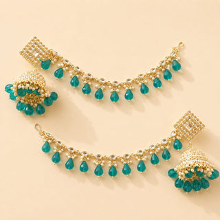 Sophia Teal Blue Baahubali Kundan Jhumka Earrings (detachable hair chain)