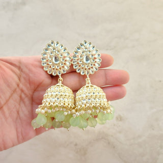 Sophie Light Green Baahubali Kundan Jhumka Earrings (detachable hair chain)