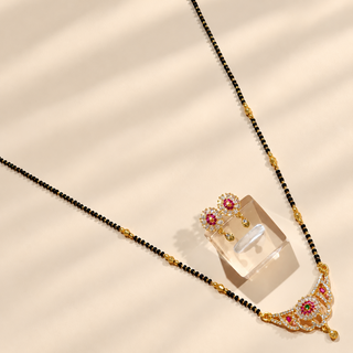 Olivia multicolour artificial diamond mangalsutra necklace and earrings flat lay