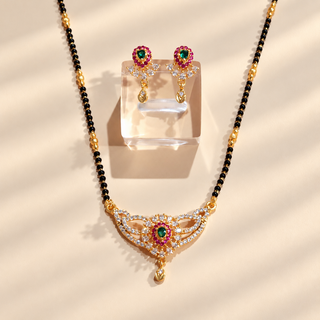 Charlotte multicolour CZ diamond mangalsutra necklace with matching earrings front view