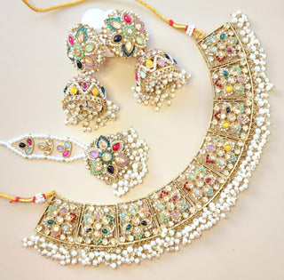 Tamara Multicolour Polki Necklace Set with Tikka