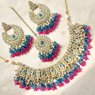 Tessa Multicolour (Pink & Blue) Polki Necklace Set with Tikka